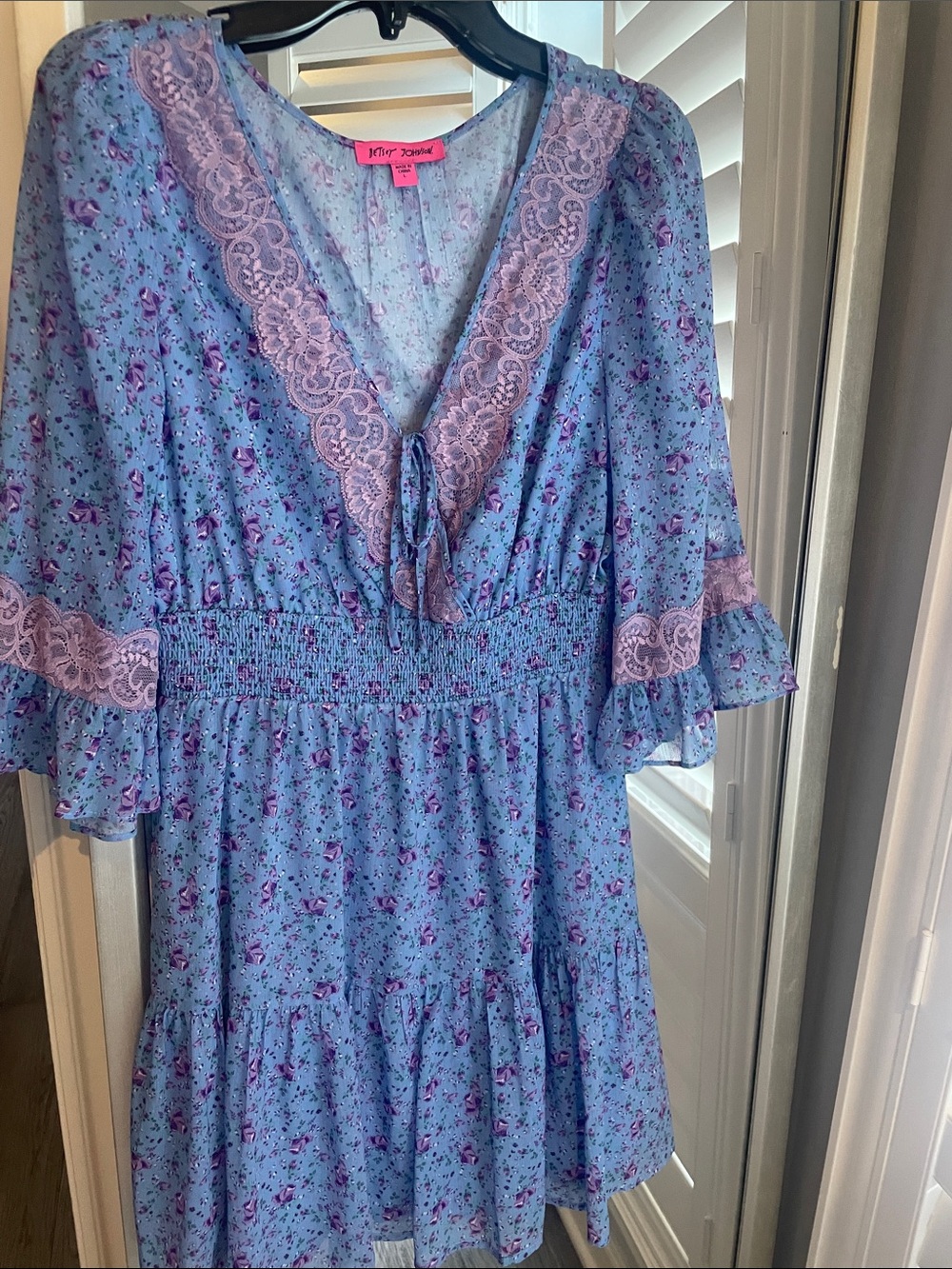 Betsey Johnson Blue Floral Lace-Trim Dress